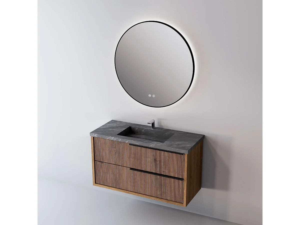 Meuble Salle de Bain TREND (101 cm x H54 x P45 cm), Plan Vasque Grès Cérame NA, 2 Tiroirs Impression 3D Poignée Noir, Chêne Foncé