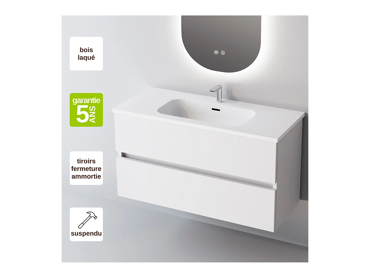 Meuble Salle de Bain ANCONA (81 cm x H54 x P45 cm), Plan Vasque Céramique WB, 2 Tiroirs, Blanc Brillant
