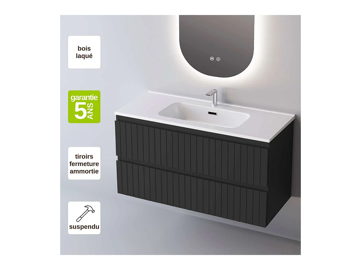 Meuble Salle de Bain GLOW (61 cm x H54 x P45 cm), Plan Vasque Céramique WB, 2 Tiroirs, Laqué Noir Mat