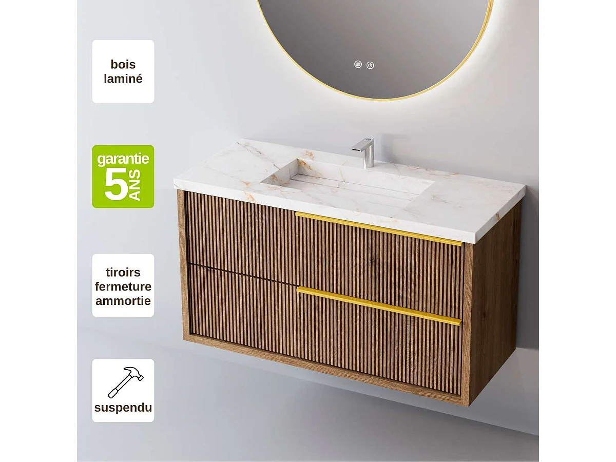 Meuble Salle de Bain TREND 60cm, Plan Vasque Grès Cérame, 2 Tiroirs Impression 3D Poignée Or, Finition Chêne Foncé, H 54cm x P 45cm