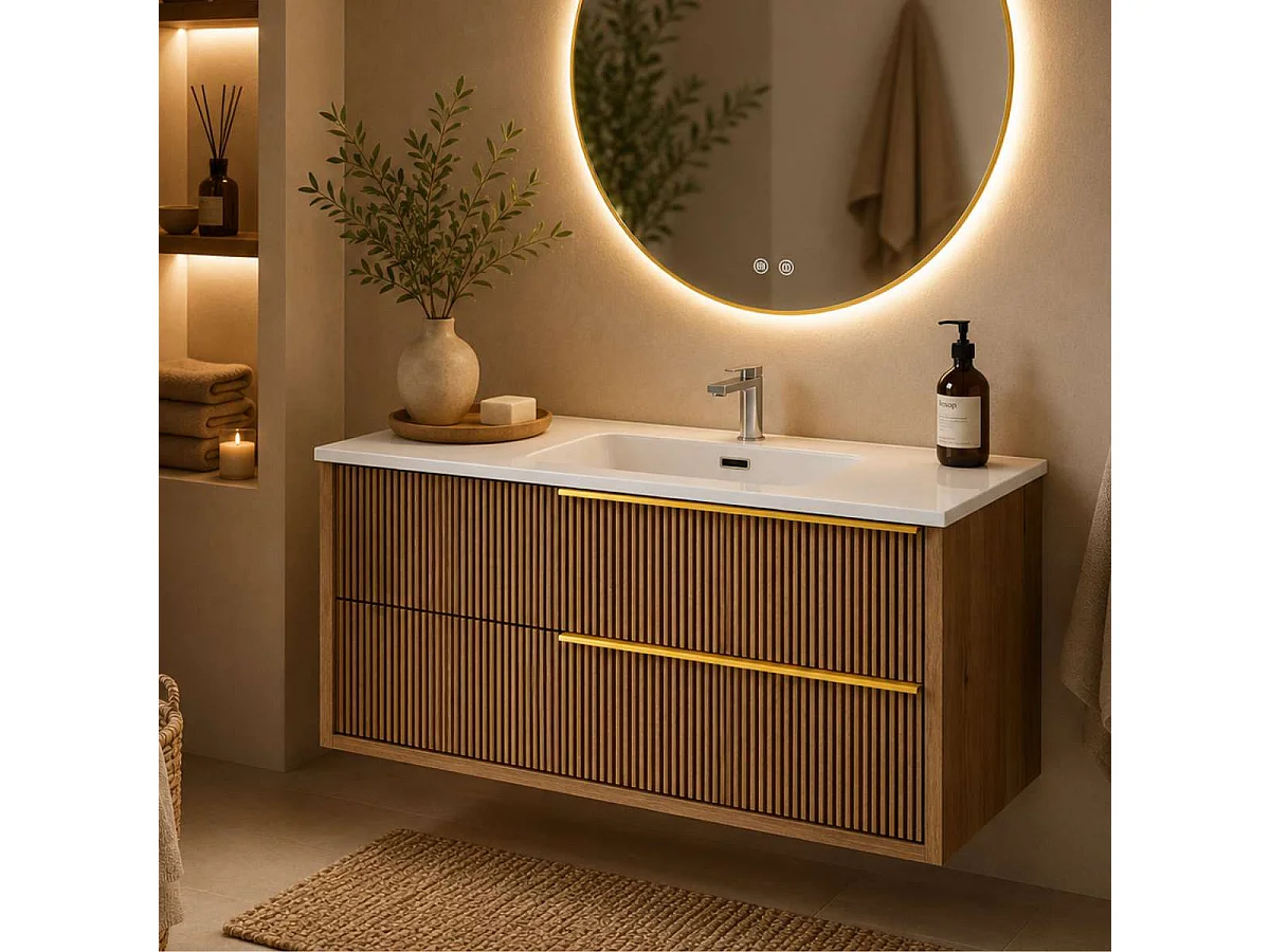 Meuble Salle de Bain TREND 100cm, Plan Vasque Grès Cérame, 2 Tiroirs Impression 3D Poignée Or, Finition Chêne Foncé, H 54cm x P 45cm