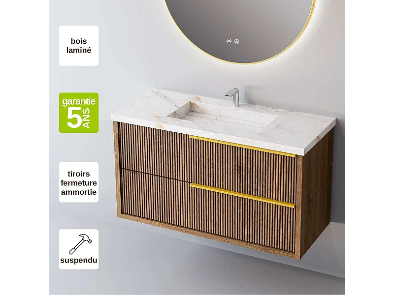 Meuble Salle de Bain TREND (101 cm x H54 x P45 cm), Plan Vasque Grès Cérame BS, 2 Tiroirs Impression 3D Poignée Or, Chêne Foncé