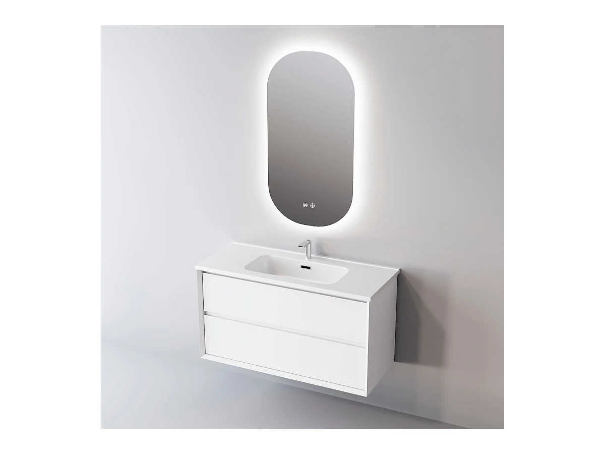 Meuble Salle de Bain COOL  (81 cm x H54 x P45 cm), Plan Vasque Céramique WB, 2 Tiroirs, Laqué Blanc Mat/Noyer