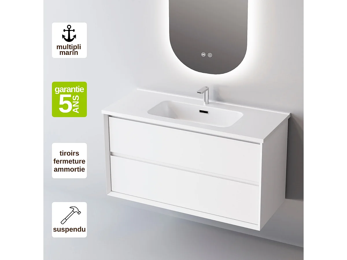 Meuble Salle de Bain COOL  (81 cm x H54 x P45 cm), Plan Vasque Céramique WB, 2 Tiroirs, Laqué Blanc Mat/Noyer