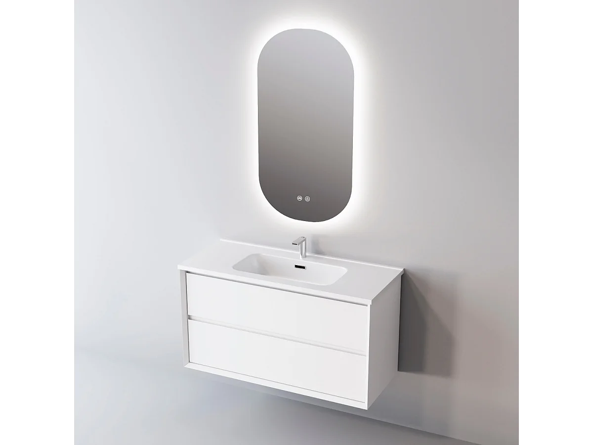 Meuble Salle de Bain COOL  (101 cm x H54 x P45 cm), Plan Vasque Céramique WB, 2 Tiroirs, Laqué Blanc Mat/Noyer