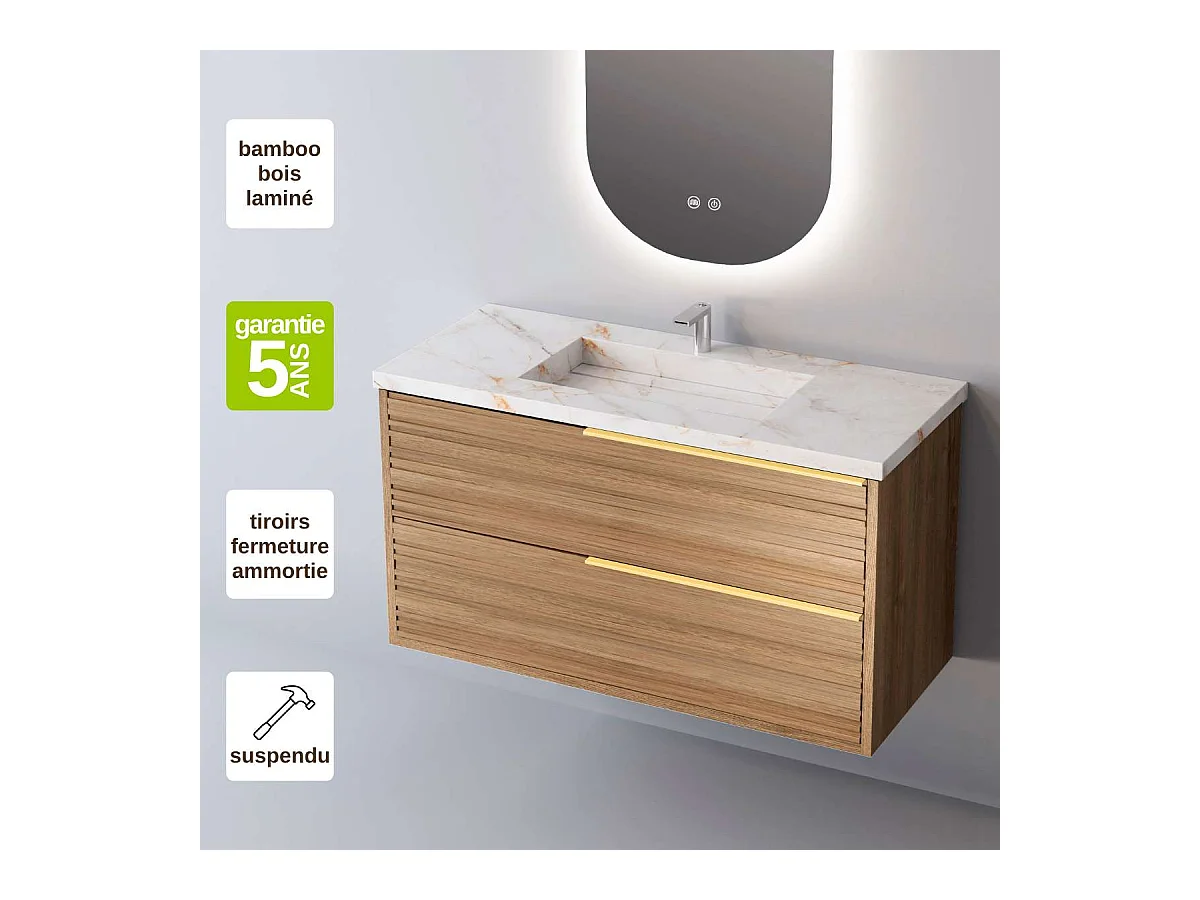 Meuble Salle de Bain BAMBOO (101 cm x H54 x P45 cm), Plan Vasque Grès Cérame BS, 2 Tiroirs Poignée Or, Chêne Naturel