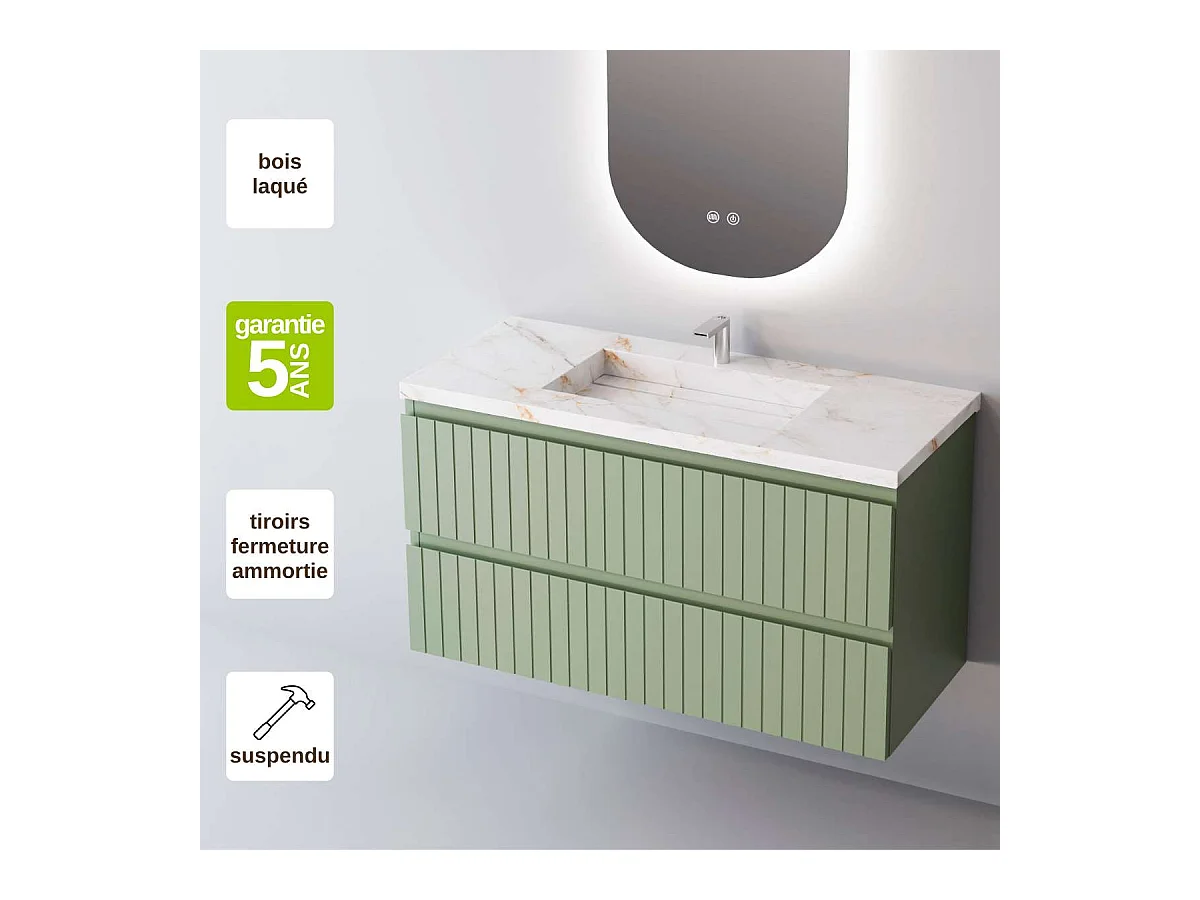 Meuble Salle de Bain GLOW (81 cm x H54 x P45 cm), Plan Vasque Grès Cérame BS, 2 Tiroirs, Laqué Vert Mint Mat