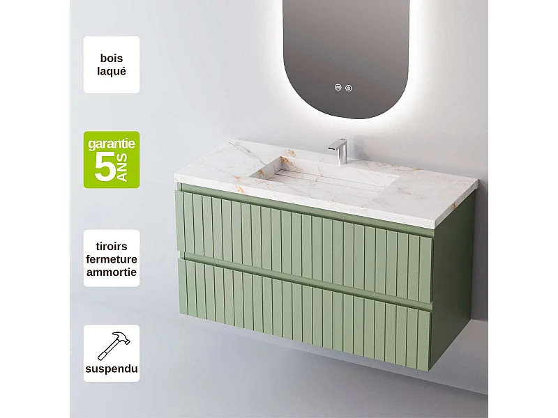 Meuble Salle de Bain GLOW (81 cm x H54 x P45 cm), Plan Vasque Grès Cérame BS, 2 Tiroirs, Laqué Vert Mint Mat