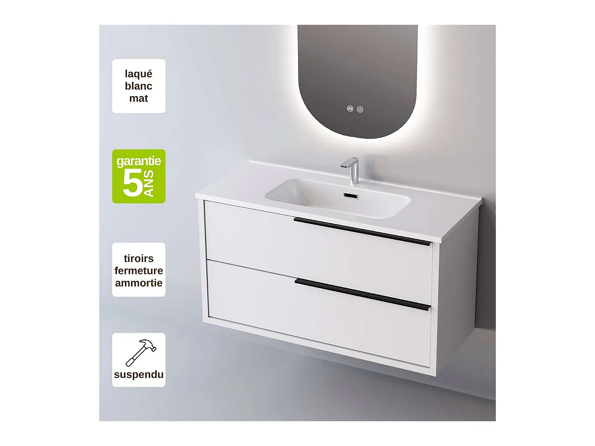 Meuble Salle de Bain LIKE (61 cm x H54 x P45 cm), Plan Vasque Solide Surface, 2 Tiroirs Poignée Noir, Laqué Blanc Mat