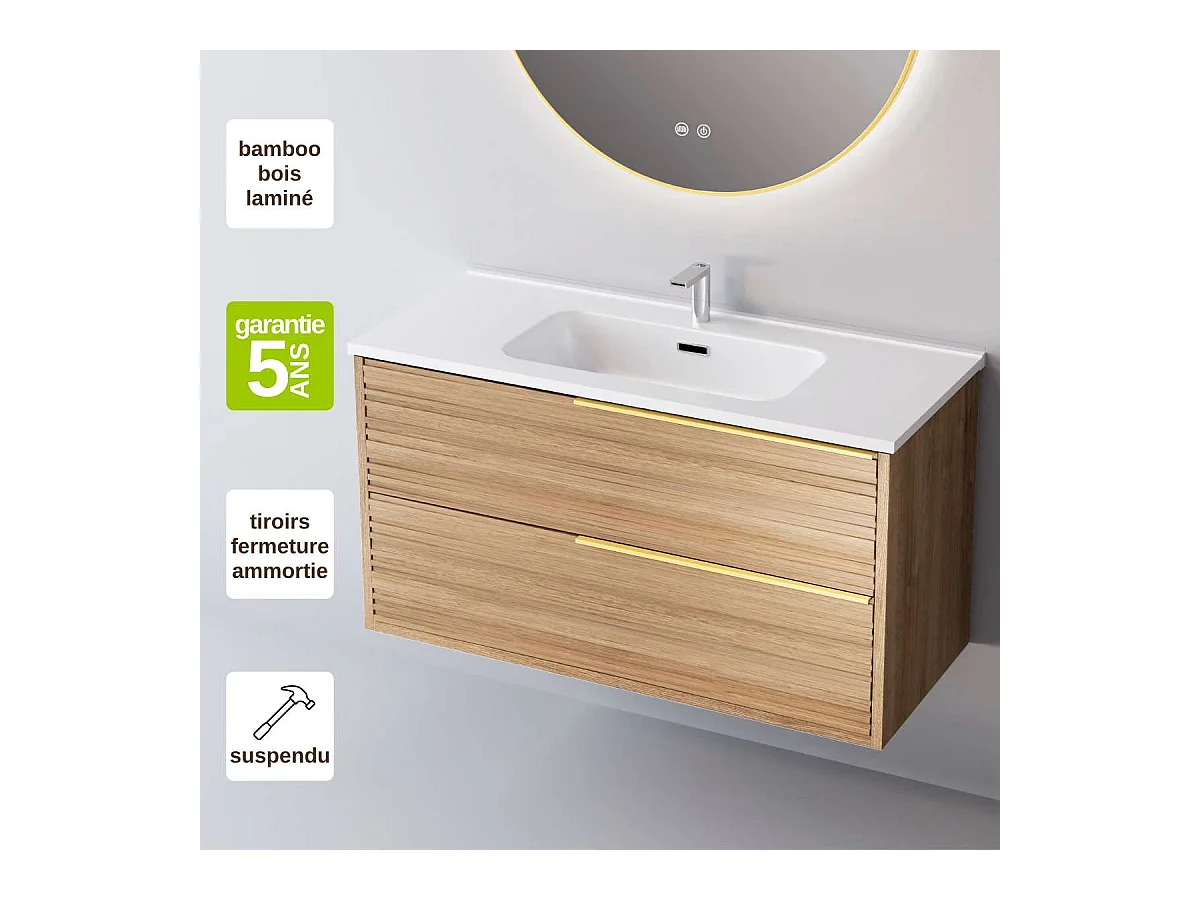 Meuble Salle de Bain BAMBOO (101 cm x H54 x P45 cm), Plan Vasque Céramique WB, 2 Tiroirs Poignée Or, Chêne Naturel