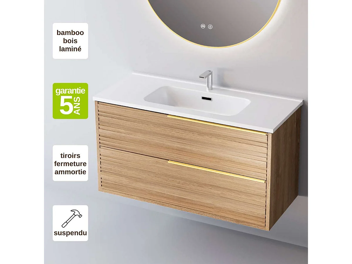 Meuble Salle de Bain BAMBOO 100cm, Plan Vasque Céramique, 2 Tiroirs Poignée Or, Finition Chêne Naturel, H 54cm x P 45cm