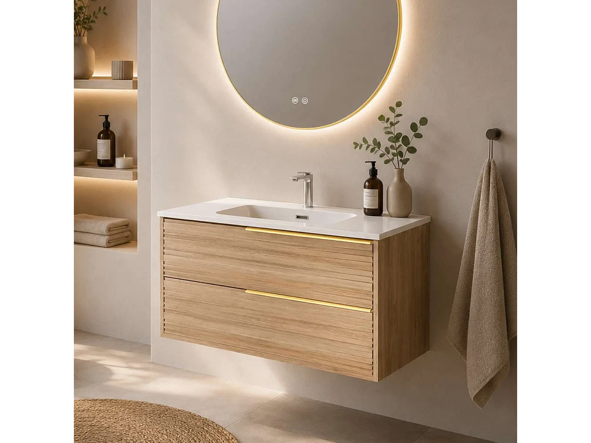 Meuble Salle de Bain BAMBOO 100cm, Plan Vasque Céramique, 2 Tiroirs Poignée Or, Finition Chêne Naturel, H 54cm x P 45cm