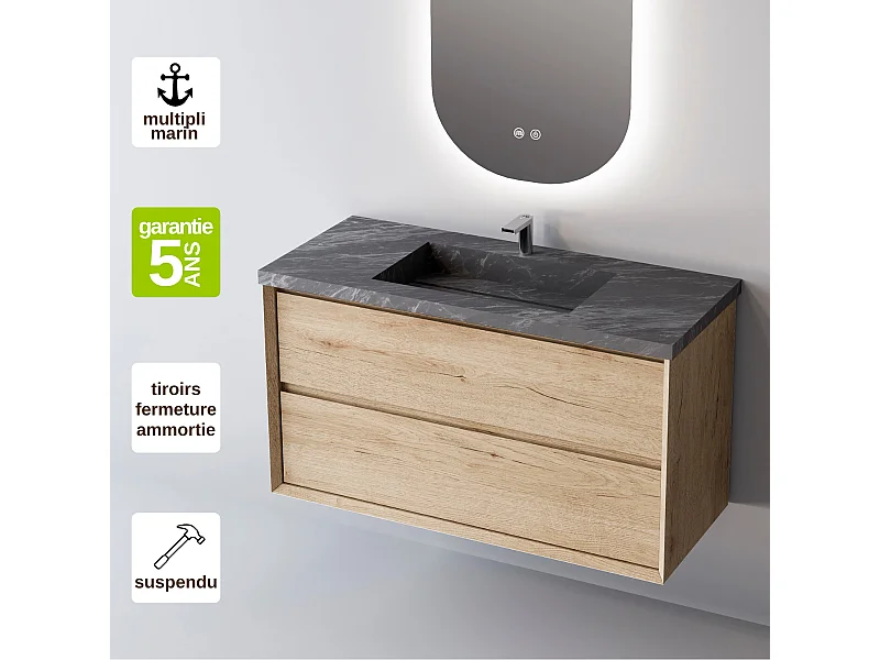 Meuble Salle de Bain COOL  (81 cm x H54 x P45 cm), Plan Vasque Grès Cérame NA, 2 Tiroirs, Chêne Naturel