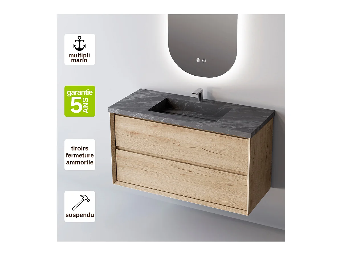 Meuble Salle de Bain COOL  (81 cm x H54 x P45 cm), Plan Vasque Grès Cérame NA, 2 Tiroirs, Chêne Naturel