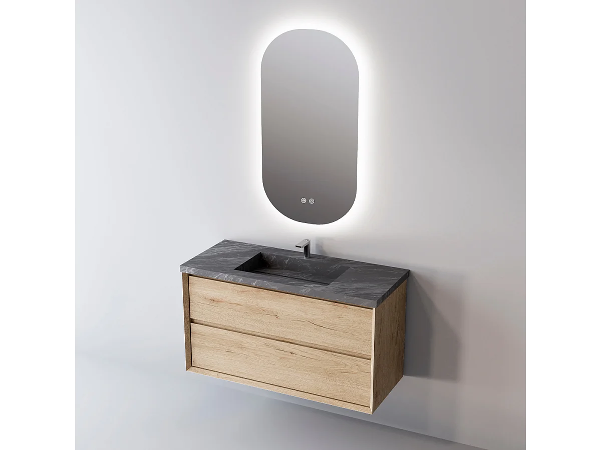 Meuble Salle de Bain COOL  (81 cm x H54 x P45 cm), Plan Vasque Grès Cérame NA, 2 Tiroirs, Chêne Naturel