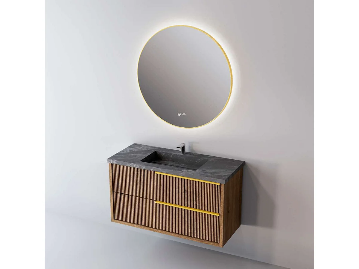 Meuble Salle de Bain TREND (81 cm x H54 x P45 cm), Plan Vasque Grès Cérame NA, 2 Tiroirs Impression 3D Poignée Or, Chêne Foncé