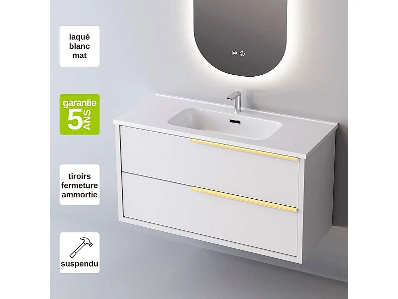 Meuble Salle de Bain LIKE (101 cm x H54 x P45 cm), Plan Vasque Solide Surface, 2 Tiroirs Poignée Or, Laqué Blanc Mat