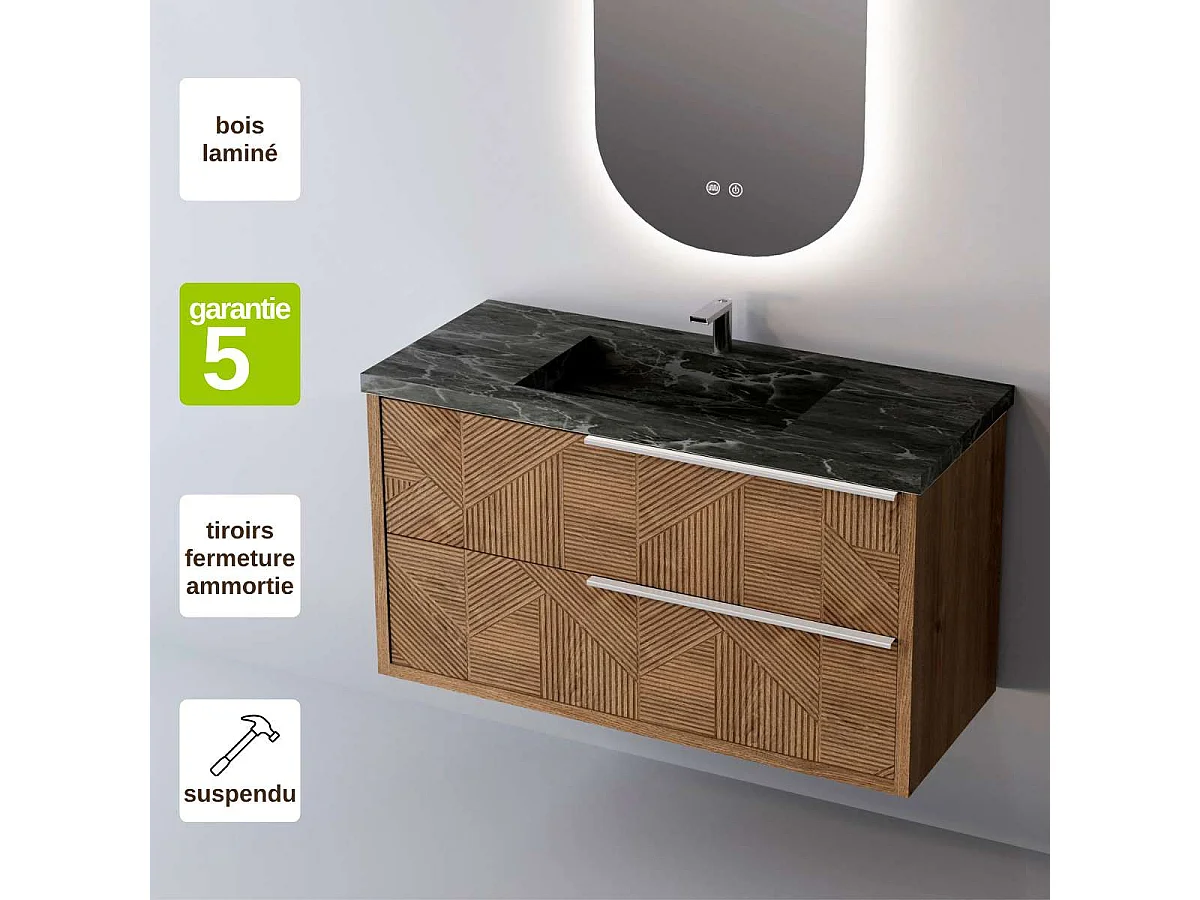 Meuble Salle de Bain REEL (81 cm x H54 x P45 cm), Plan Vasque Grès Cérame NA, 2 Tiroirs Impression 3D Poignée Inox Satiné, Chêne Moyen