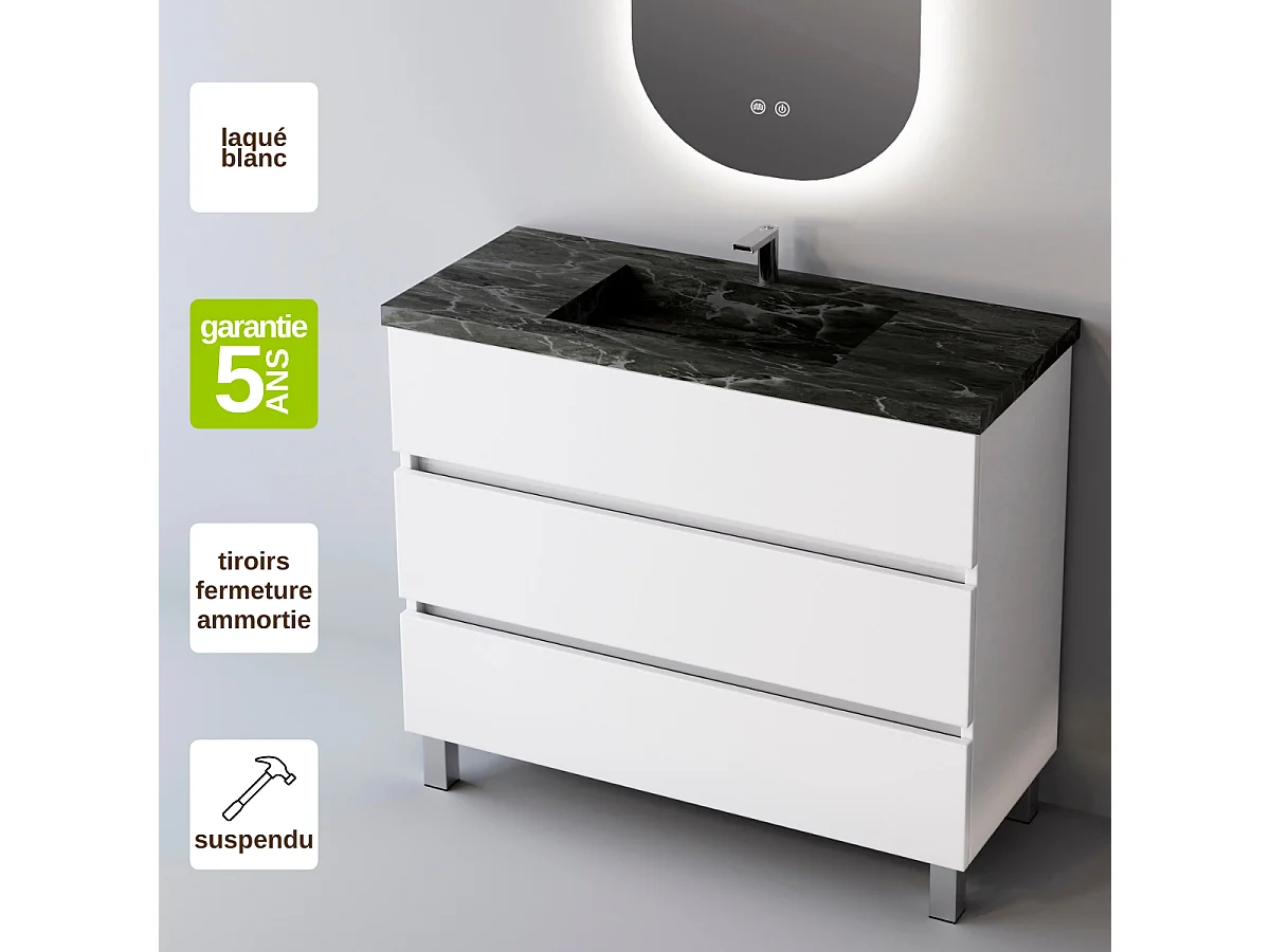 Meuble Salle de Bain ATRANI (61 cm x H90 x P45 cm), Plan Vasque Grès Cérame NA, 3 Tiroirs, Blanc Brillant