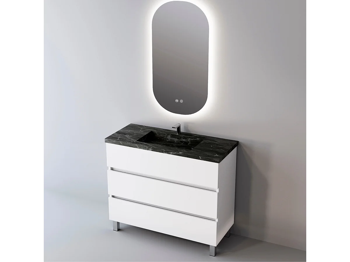 Meuble Salle de Bain ATRANI (61 cm x H90 x P45 cm), Plan Vasque Grès Cérame NA, 3 Tiroirs, Blanc Brillant