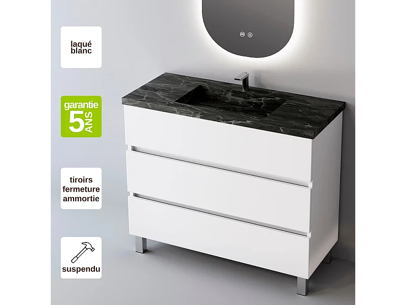 Meuble Salle de Bain ATRANI (61 cm x H90 x P45 cm), Plan Vasque Grès Cérame NA, 3 Tiroirs, Blanc Brillant