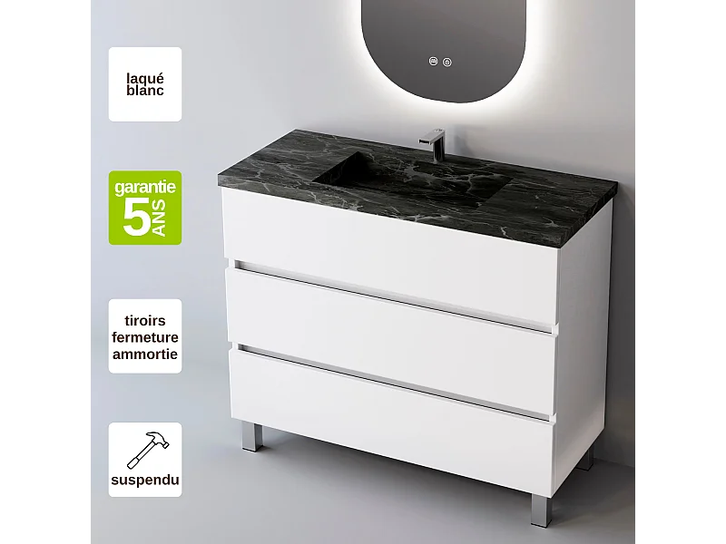 Meuble Salle de Bain ATRANI (61 cm x H90 x P45 cm), Plan Vasque Grès Cérame NA, 3 Tiroirs, Blanc Brillant