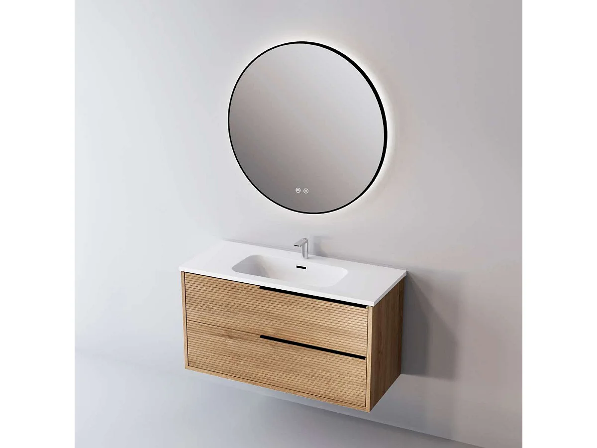 Meuble Salle de Bain LISTELLO (101 cm x H54 x P45 cm), Plan Vasque Solide Surface, 2 Tiroirs Impression 3D Poignée Noir, Chêne Naturel