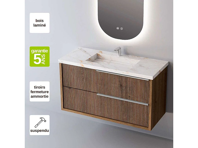 Meuble Salle de Bain TREND (81 cm x H54 x P45 cm), Plan Vasque Grès Cérame BS, 2 Tiroirs Impression 3D Poignée Inox Satiné, Chêne Foncé