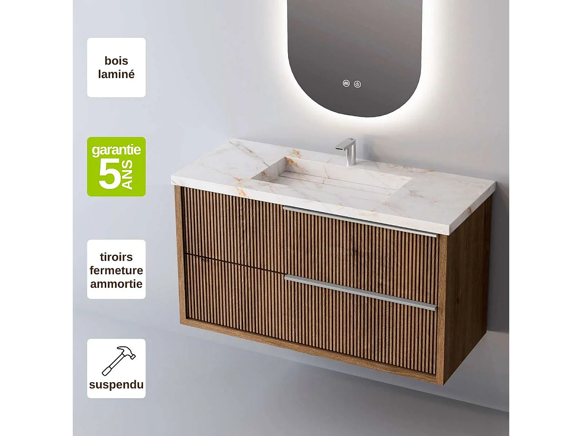 Meuble Salle de Bain TREND (81 cm x H54 x P45 cm), Plan Vasque Grès Cérame BS, 2 Tiroirs Impression 3D Poignée Inox Satiné, Chêne Foncé