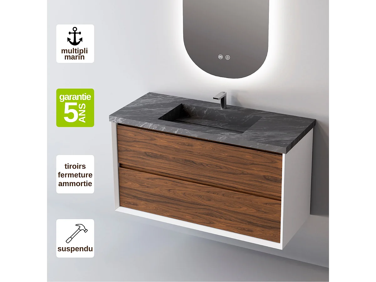 Meuble Salle de Bain COOL  (101 cm x H54 x P45 cm), Plan Vasque Grès Cérame NA, 2 Tiroirs, Laqué Blanc Mat/Noyer