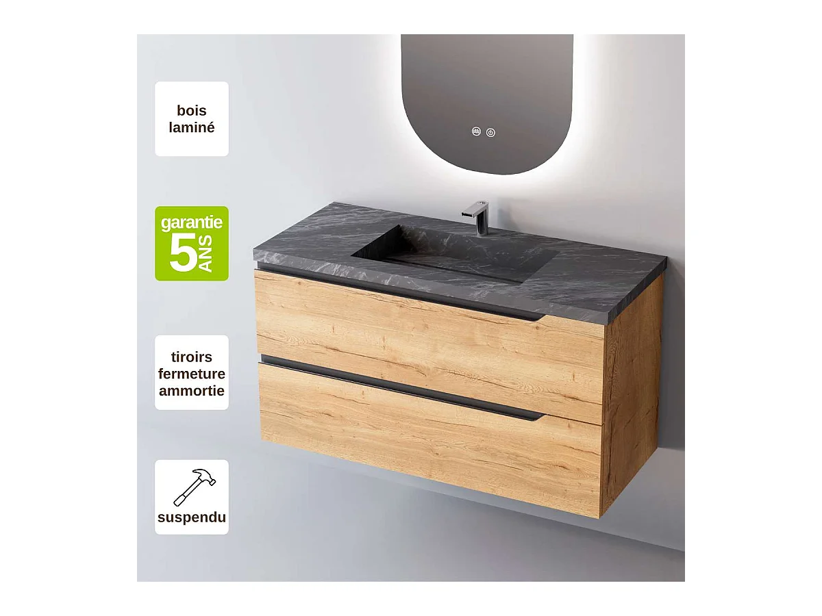 Meuble Salle de Bain DUO (101 cm x H54 x P45 cm), Plan Vasque Grès Cérame NA, 2 Tiroirs, Chêne Clair