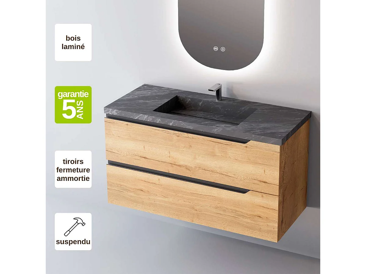 Meuble salle de bain DUO 100cm – Plan vasque grès cérame, 2 tiroirs, Finition Chêne Clair, H 54cm x P 45cm