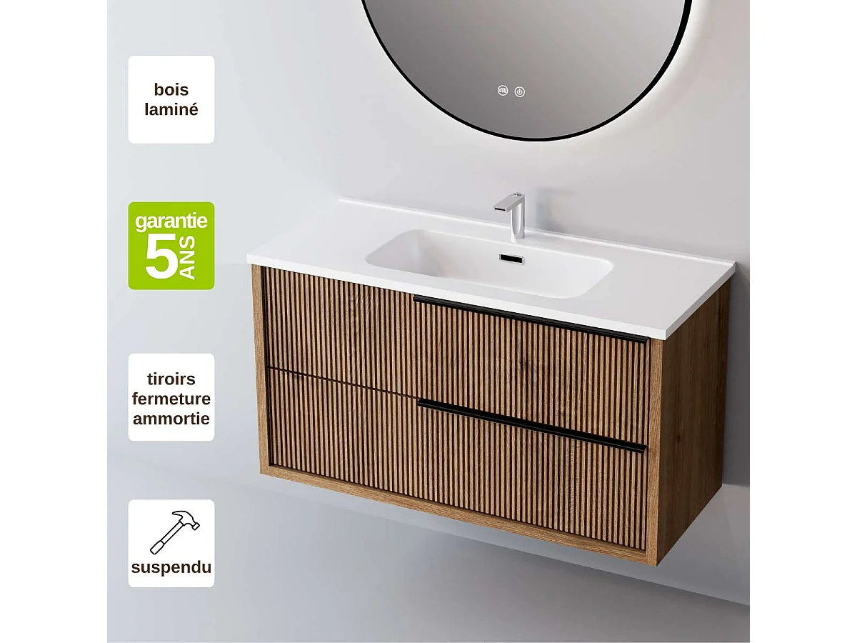 Meuble Salle de Bain TREND (101 cm x H54 x P45 cm), Plan Vasque Solide Surface, 2 Tiroirs Impression 3D Poignée Noir, Chêne Foncé