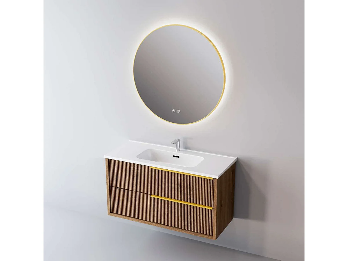 Meuble Salle de Bain TREND (101 cm x H54 x P45 cm), Plan Vasque Solide Surface, 2 Tiroirs Impression 3D Poignée Or, Chêne Foncé