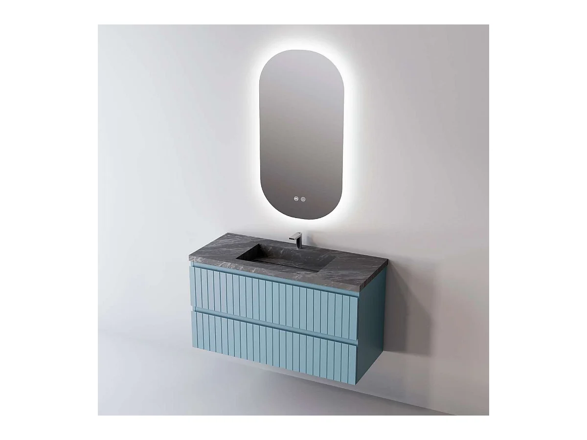 Meuble Salle de Bain GLOW (61 cm x H54 x P45 cm), Plan Vasque Grès Cérame NA, 2 Tiroirs, Laqué Bleu Cobalt Mat