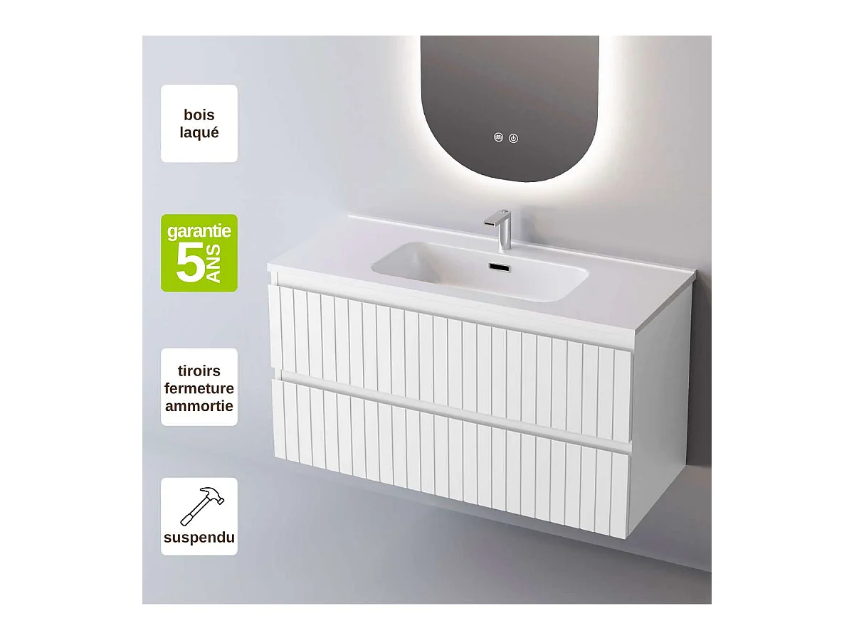 Meuble Salle de Bain GLOW (61 cm x H54 x P45 cm), Plan Vasque Céramique WB, 2 Tiroirs, Laqué Blanc Mat