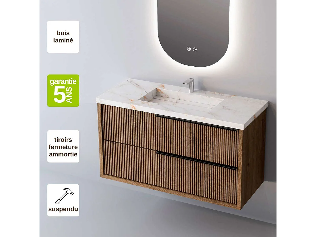 Meuble Salle de Bain TREND 100cm, Plan Vasque Grès Cérame, 2 Tiroirs Impression 3D Poignée Noir, Finition Chêne Foncé, H 54cm x P 45cm