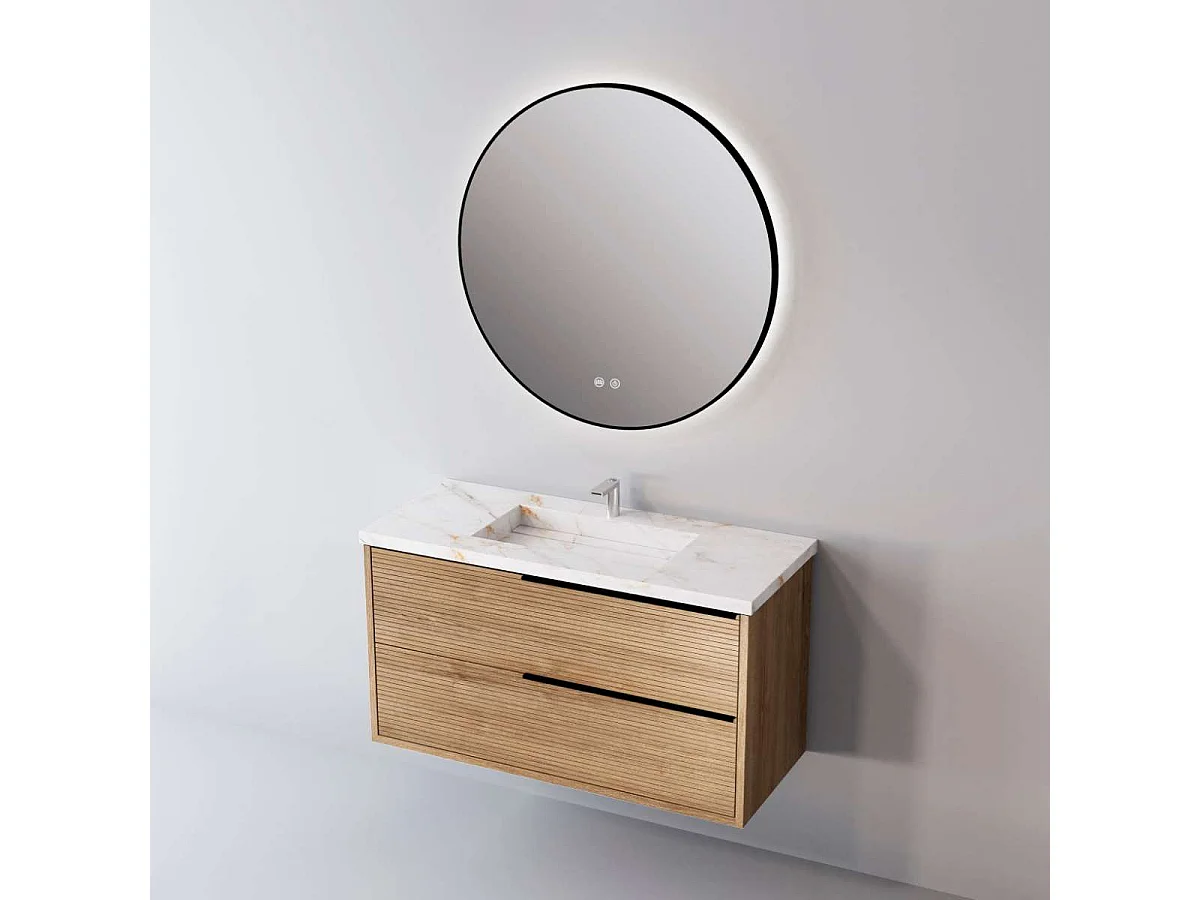 Meuble Salle de Bain LISTELLO (101 cm x H54 x P45 cm), Plan Vasque Grès Cérame BS, 2 Tiroirs Impression 3D Poignée Noir, Chêne Naturel