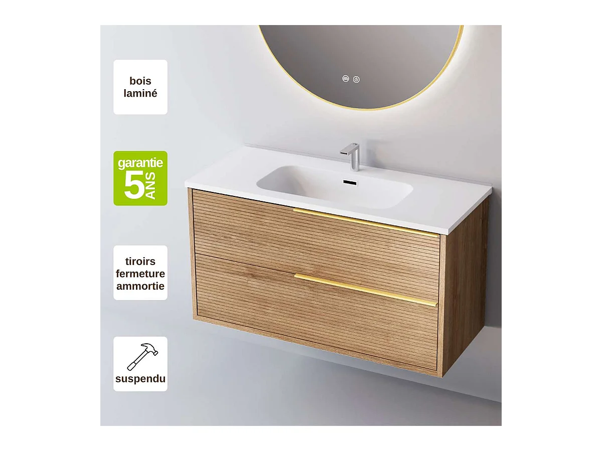 Meuble Salle de Bain LISTELLO (61 cm x H54 x P45 cm), Plan Vasque Céramique WB, 2 Tiroirs Impression 3D Poignée Or, Chêne Naturel