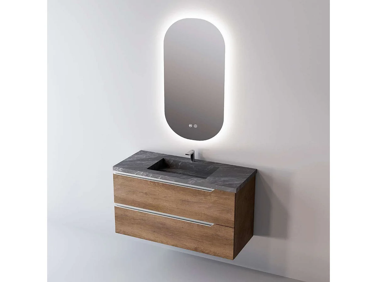 Meuble Salle de Bain DUO (81 cm x H54 x P45 cm), Plan Vasque Grès Cérame NA, 2 Tiroirs, Chêne Foncé