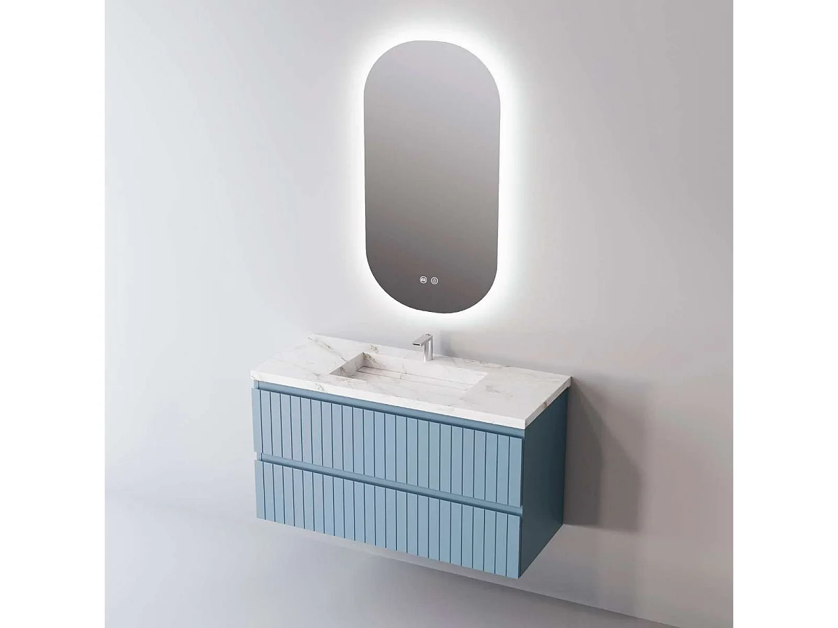 Meuble Salle de Bain GLOW (81 cm x H54 x P45 cm), Plan Vasque Grès Cérame BS, 2 Tiroirs, Laqué Bleu Cobalt Mat