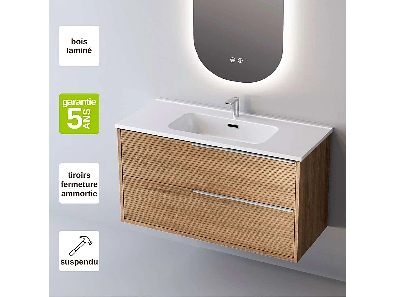 Meuble Salle de Bain LISTELLO (61 cm x H54 x P45 cm), Plan Vasque Solide Surface, 2 Tiroirs Impression 3D Poignée Inox Satiné, Chêne Naturel