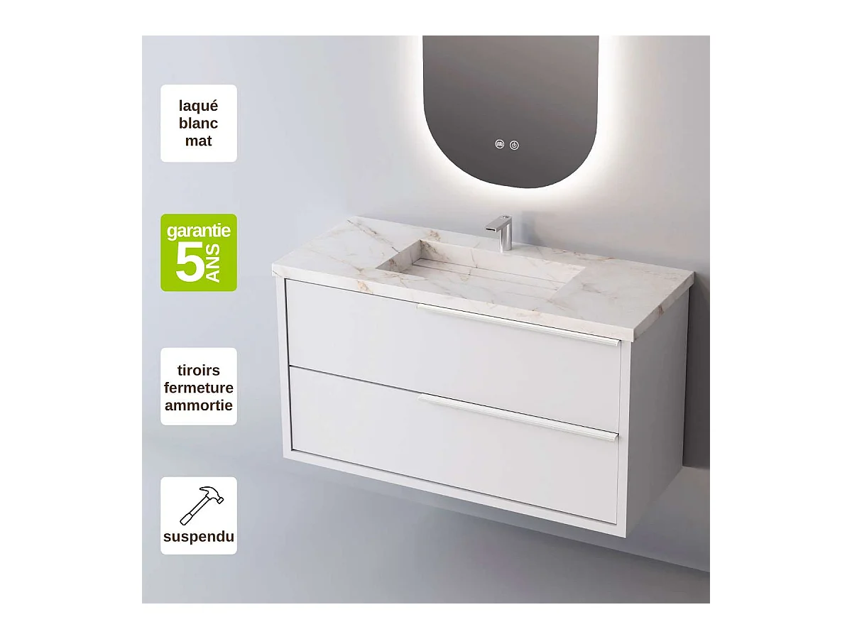 Meuble Salle de Bain LIKE (81 cm x H54 x P45 cm), Plan Vasque Grès Cérame BS, 2 Tiroirs Poignée Inox Satiné, Laqué Blanc Mat