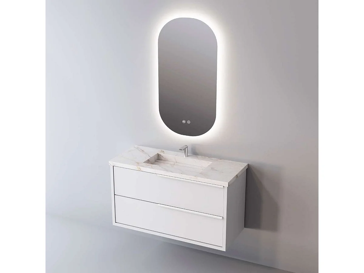 Meuble Salle de Bain LIKE (81 cm x H54 x P45 cm), Plan Vasque Grès Cérame BS, 2 Tiroirs Poignée Inox Satiné, Laqué Blanc Mat