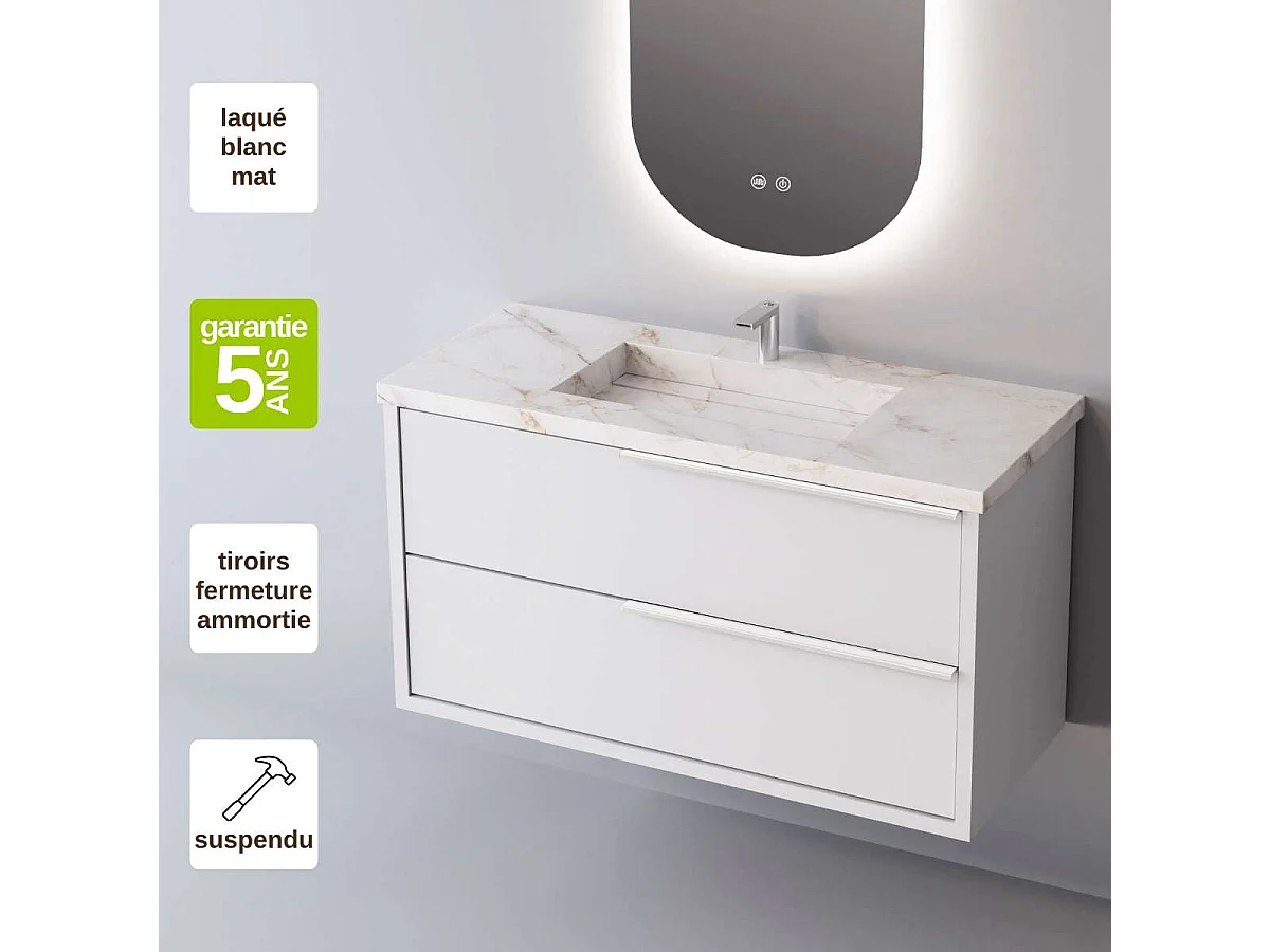 Meuble Salle de Bain LIKE 80cm, Plan Vasque Grès Cérame, 2 Tiroirs Poignée Inox Satiné, Laqué Blanc Mat, H 54cm x P 45cm