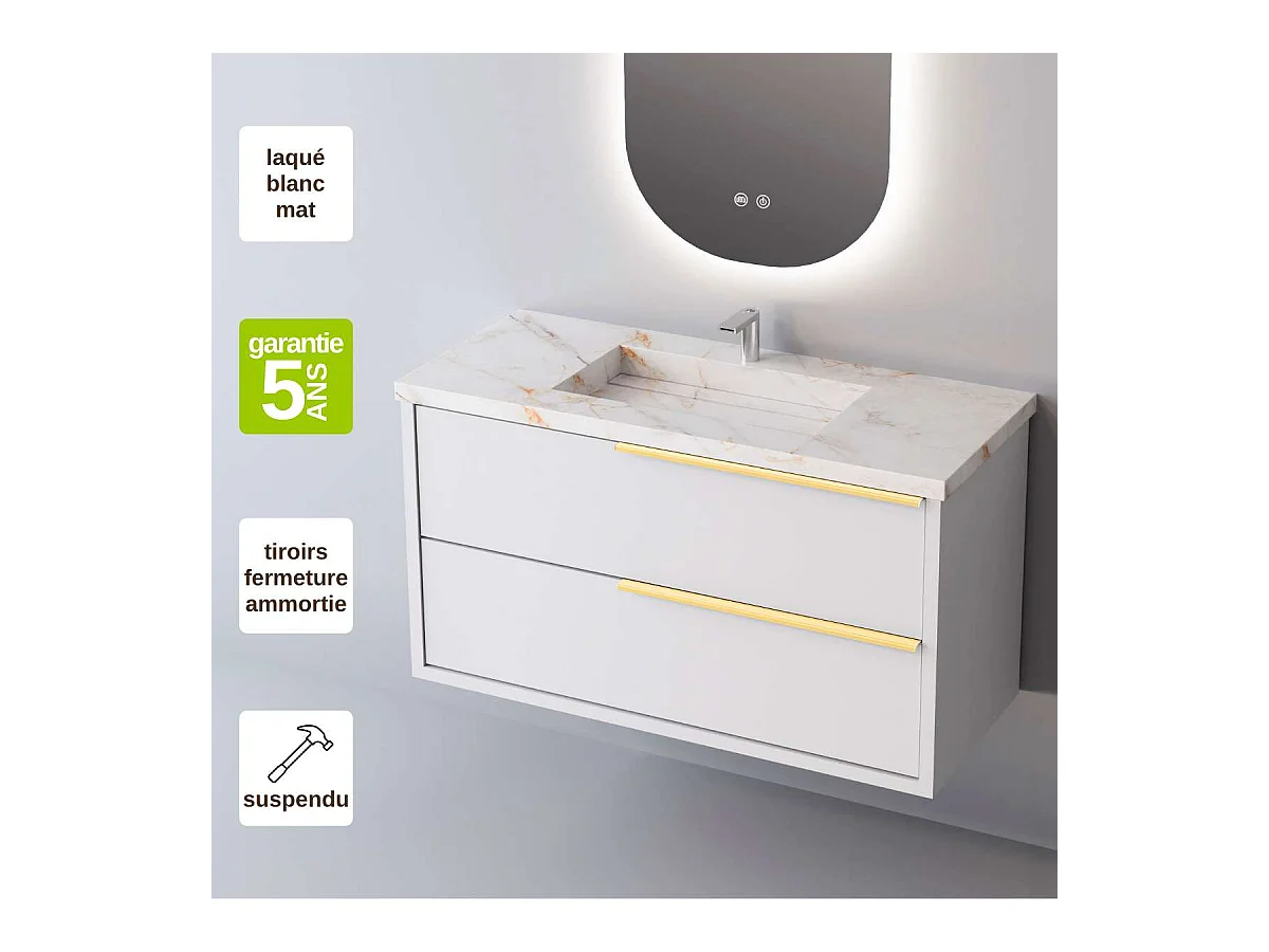 Meuble Salle de Bain LIKE (81 cm x H54 x P45 cm), Plan Vasque Grès Cérame BS, 2 Tiroirs Poignée Or, Laqué Blanc Mat