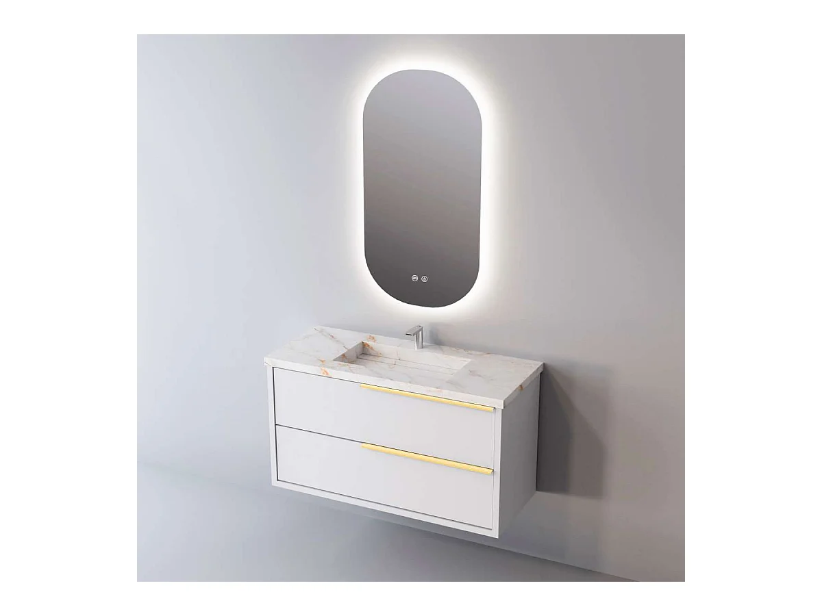 Meuble Salle de Bain LIKE (81 cm x H54 x P45 cm), Plan Vasque Grès Cérame BS, 2 Tiroirs Poignée Or, Laqué Blanc Mat