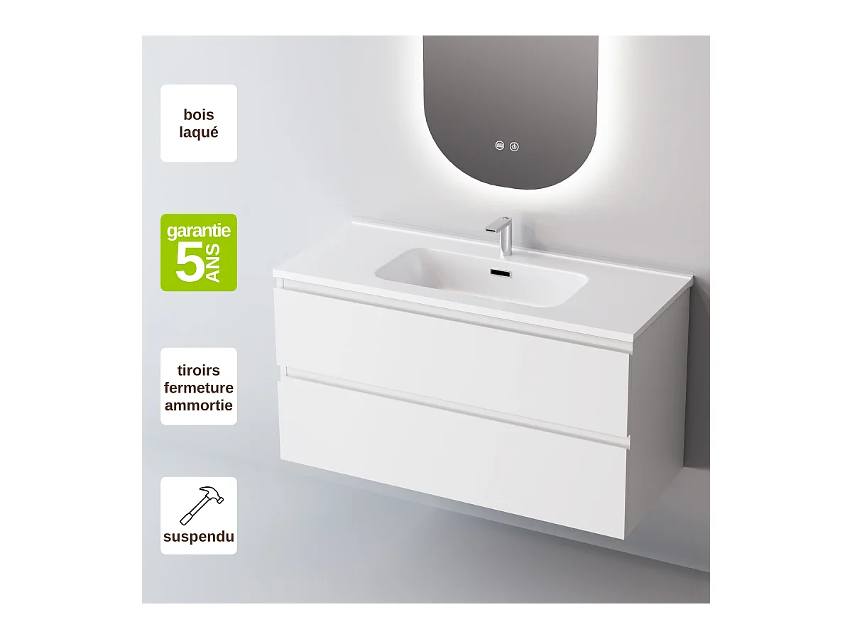Meuble Salle de Bain STEP (61 cm x H54 x P45 cm), Plan Vasque Céramique WB, 2 Tiroirs, Laqué Blanc Mat