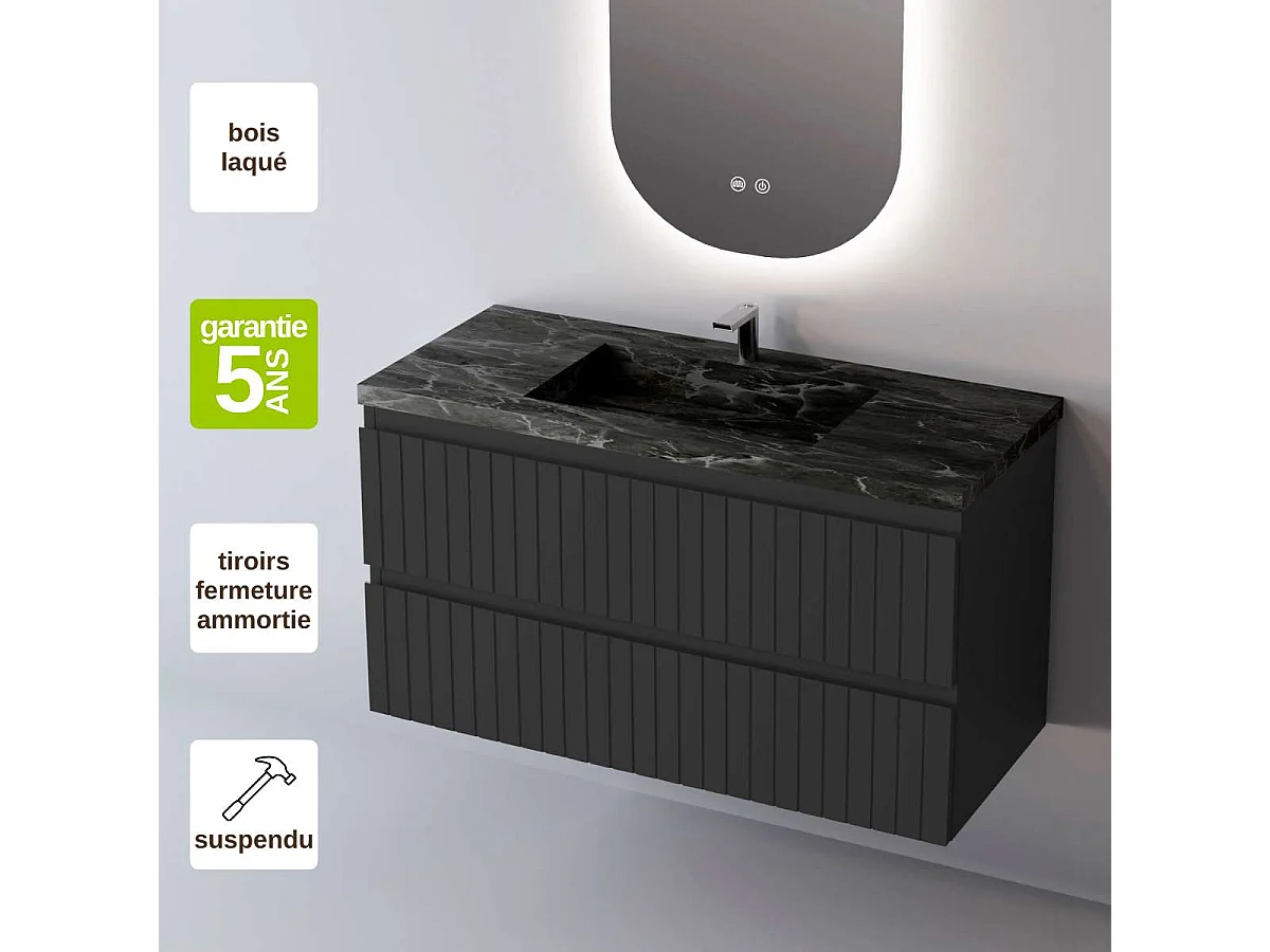 Meuble Salle de Bain GLOW (101 cm x H54 x P45 cm), Plan Vasque Grès Cérame NA, 2 Tiroirs, Laqué Noir Mat