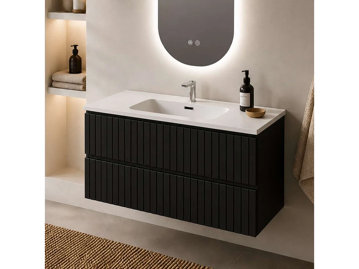 Meuble Salle de Bain GLOW 100cm, Plan Vasque Grès Cérame, 2 Tiroirs, Laqué Noir Mat, H 54cm x P 45cm